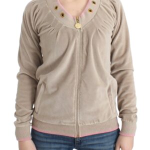 Beige Zip Cardigan with Gold Tone Accents
