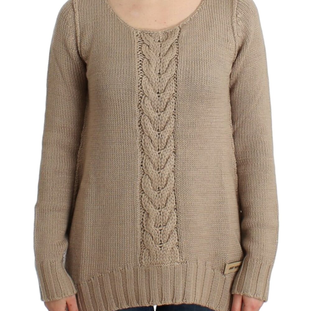 Elegant Beige Knitted Crew Neck Sweater