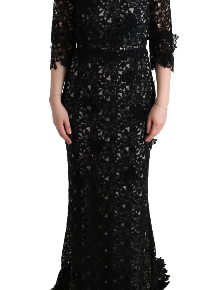 Elegant Black Maxi Shift Dress with Floral Applique