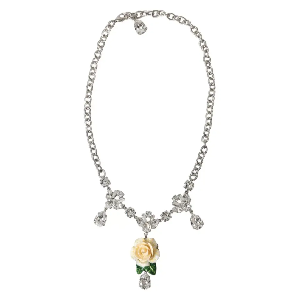 Silver Brass Clear Crystal Roses Pendants Necklace