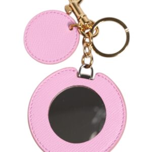 Pink Calf Leather Gold Metal Logo Print Keyring Keychain