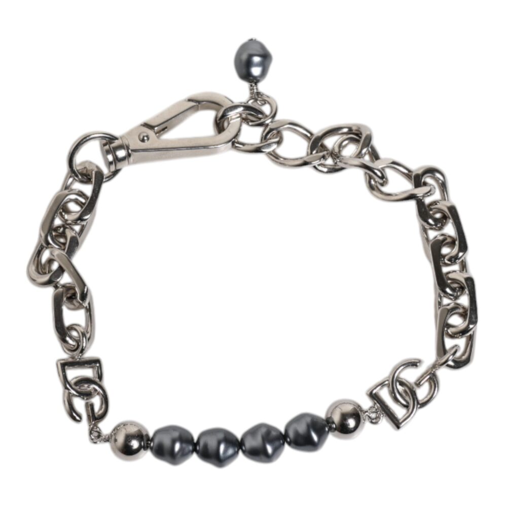 Silver Tone Chain Lobster Clasp Logo Gray Pearls Bracelet