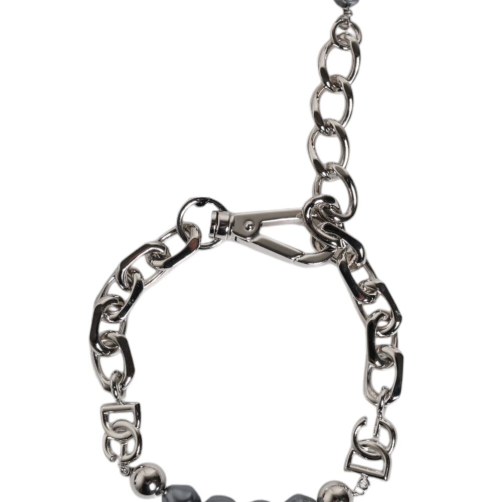 Silver Tone Chain Lobster Clasp Logo Gray Pearls Bracelet