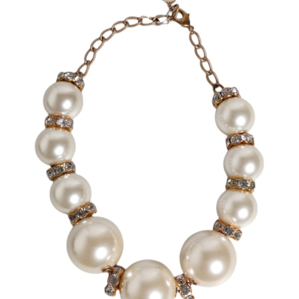 White Maxi Faux Pearl Beads Crystals Gold Chain Necklace