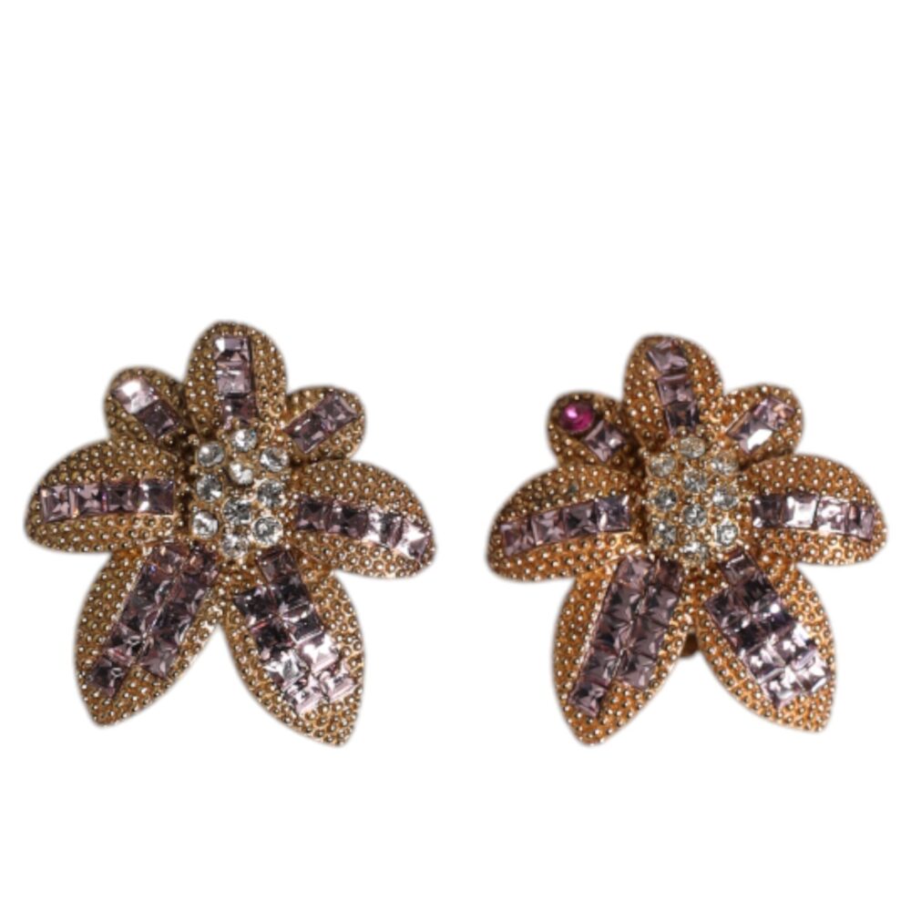 Gold Brass Purple Flower-Shaped Crystals Clip On Earrings