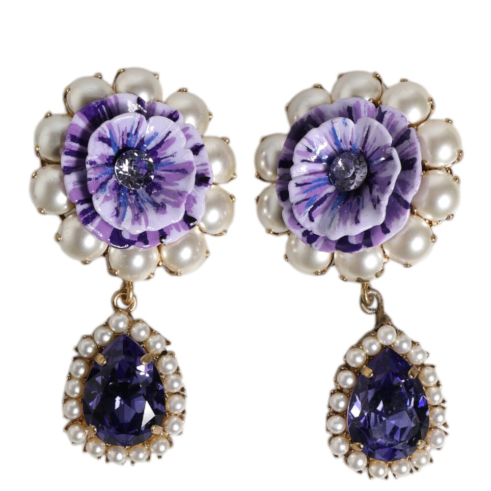 Purple Flower Pearl Teardrop Crystals Clip On Earrings