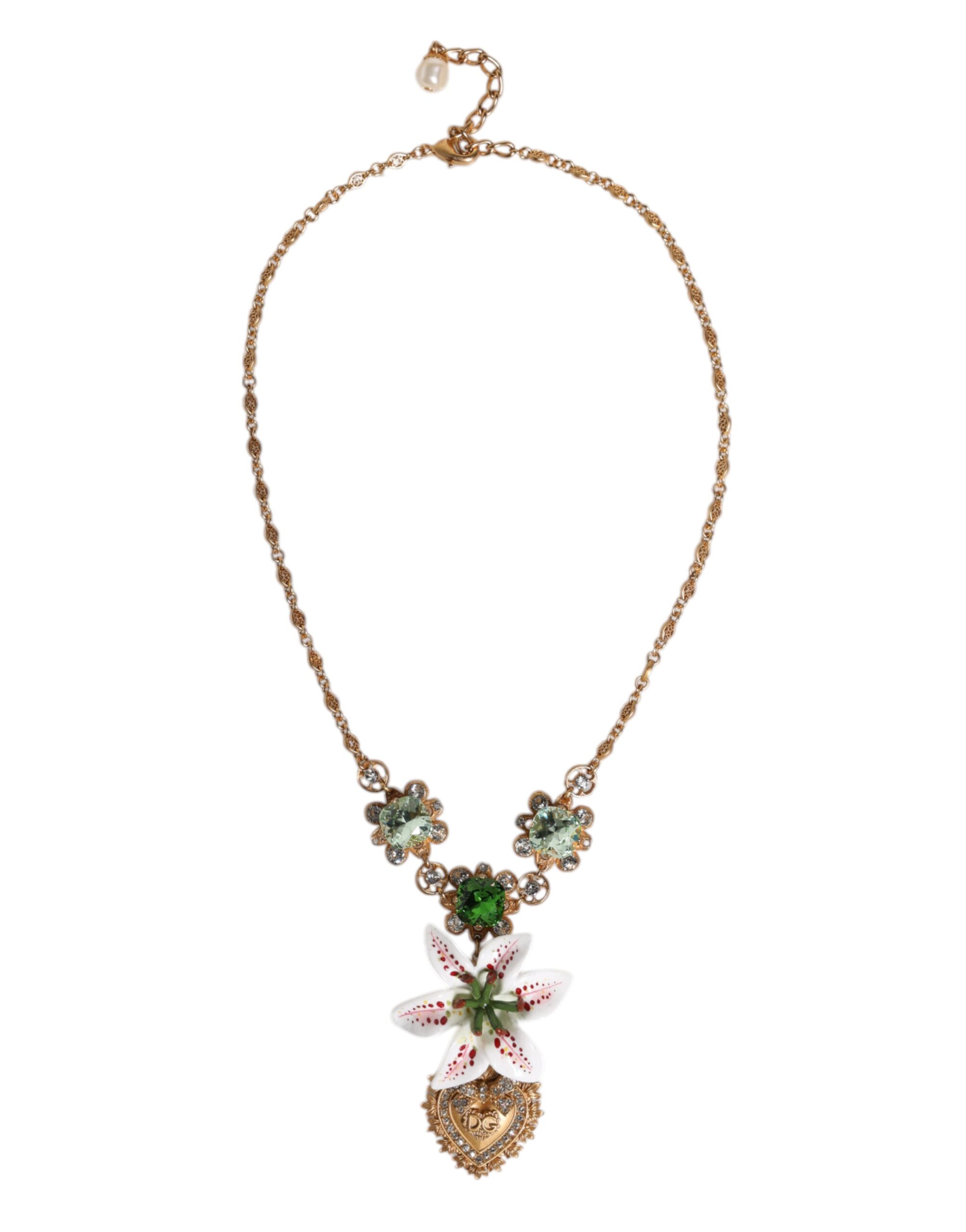 Gold Brass Lily Crystal Sacred Heart Pendant Necklace