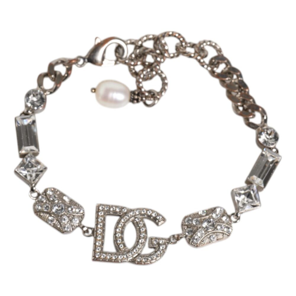 Silver Brass Crystal DG Logo Charm Embellished Bracelet