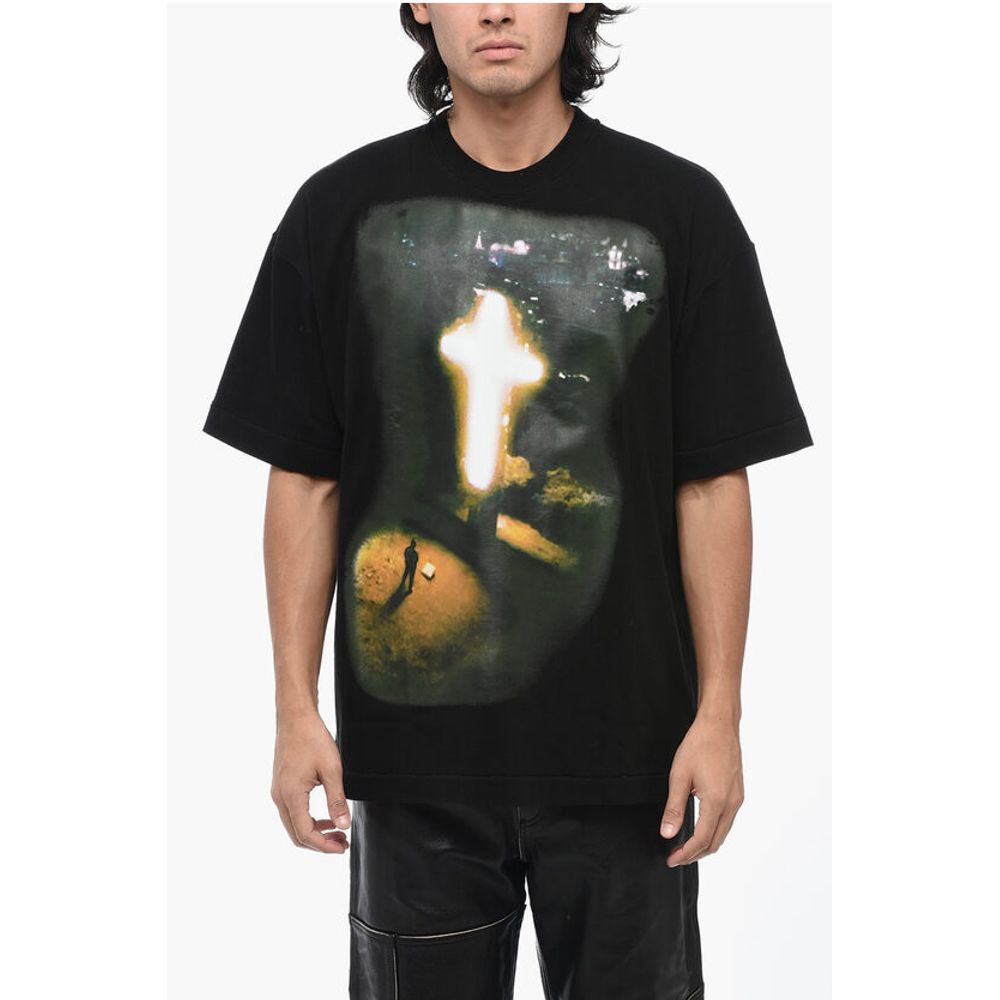Cotton Crew-neck T-shirt with Maxi Print on the Front
