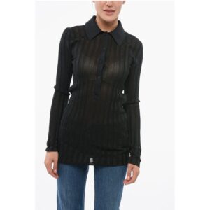 Ribbed Lurex Sweater with Polo Neck