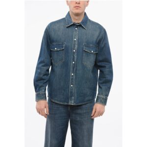 Denim Overshirt with Double Breast Pocket and Embossed Logo