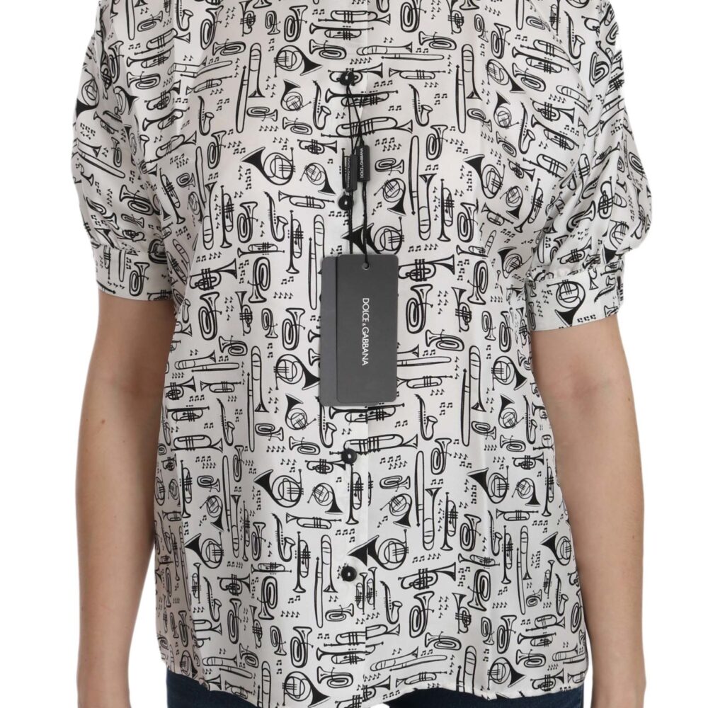 Musical Instrument Print Silk Collared Top
