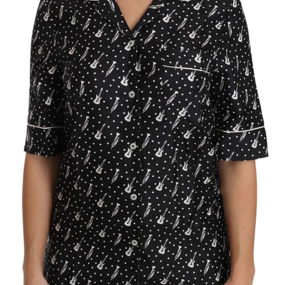Silk Guitar Trumpet Print Polo Top