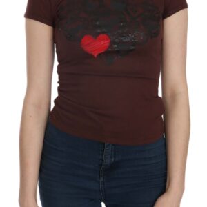 Chic Brown Hearts Print Crew Neck Blouse