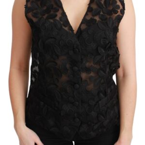Elegant Floral Black Silk Blend Vest