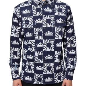 Blue Crown Logo Print Slim Fit Cotton Shirt
