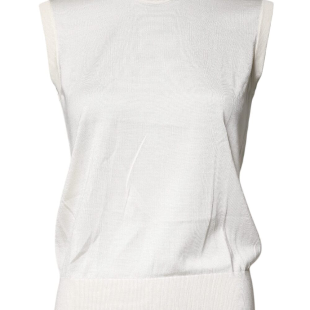 Cream Sleeveless Silk Round Neck Tank Top
