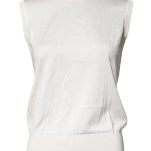 Cream Sleeveless Silk Round Neck Tank Top