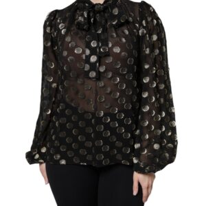 Black Sheer Tied Neck Polka Dots Blouse Top