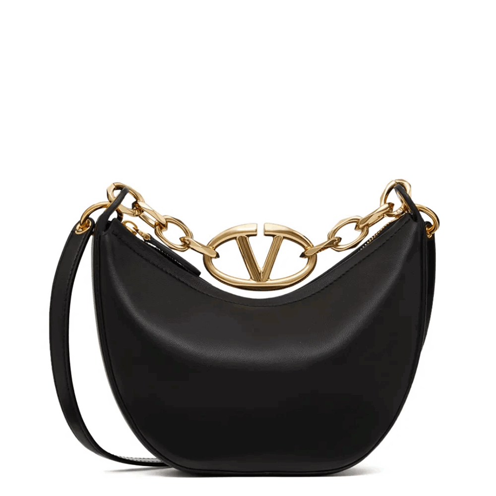 Black Leather Mini Hobo Vlogo Shoulder Bag