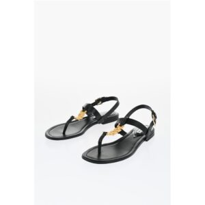Leather Thong Sandals with Goldene Effect Detail