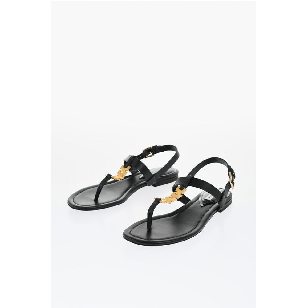 Leather Thong Sandals with Goldene Effect Detail