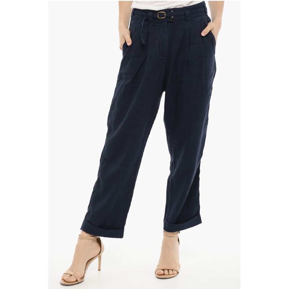 Double pleat Cotton and Linen Pants with Belt