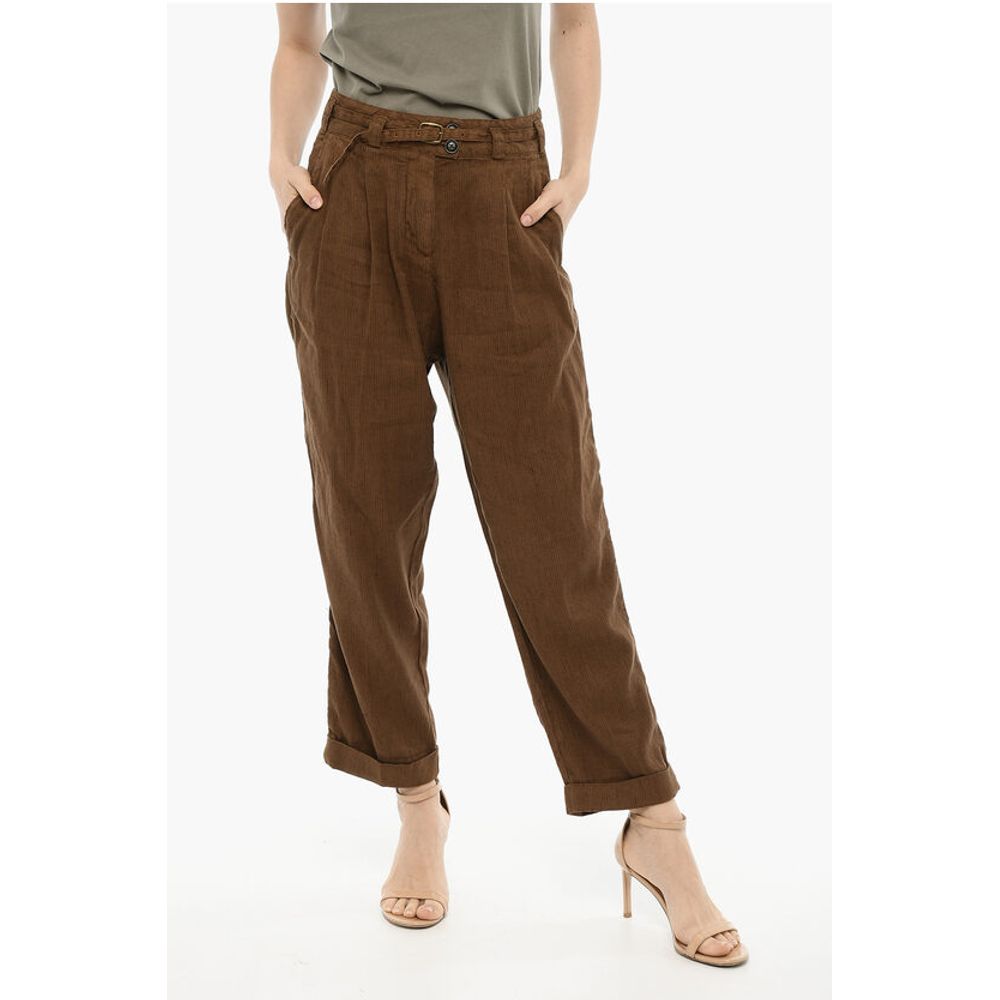 Doluble Pleated Linen and Cotton Pants with Belt
