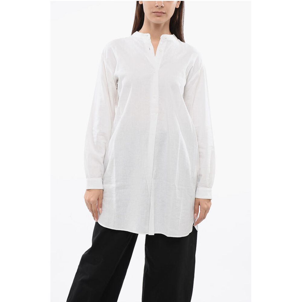Mandarin Collar Linen Blend Long Blouse