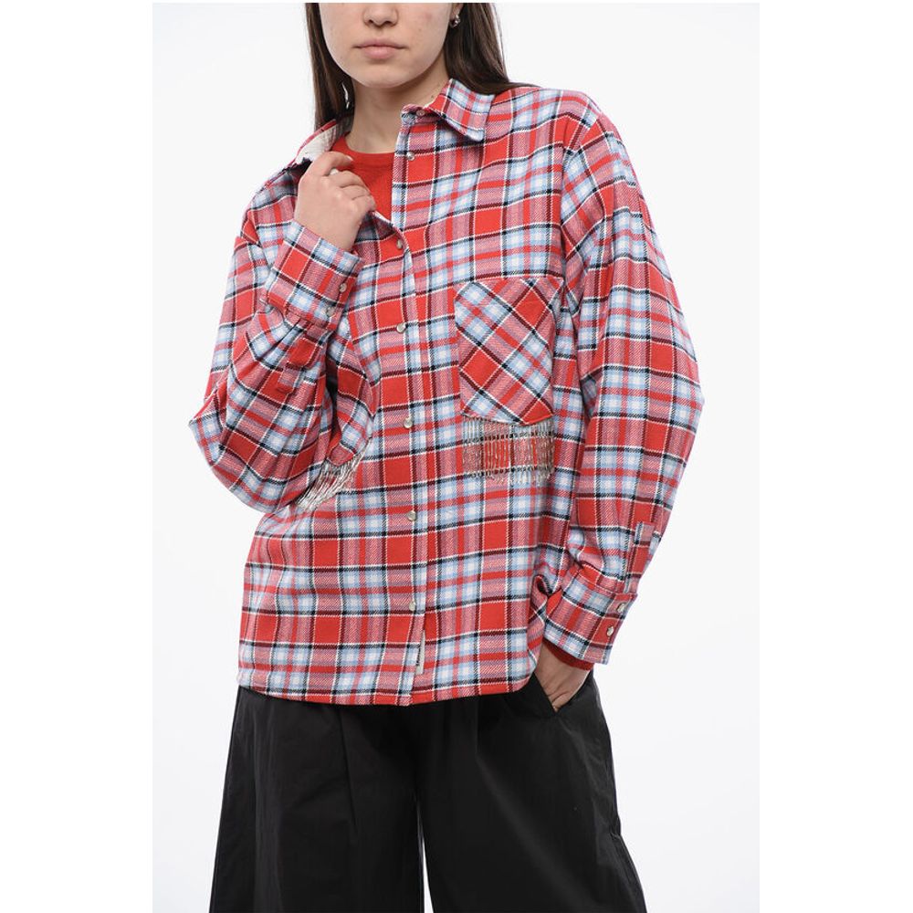 Plaid Check Cotton Blend Overshirt with Fringed Details