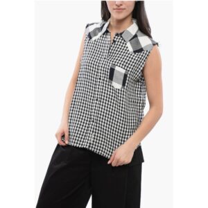 Sleeveless Linen Blend Shirt with Gingham Pattern