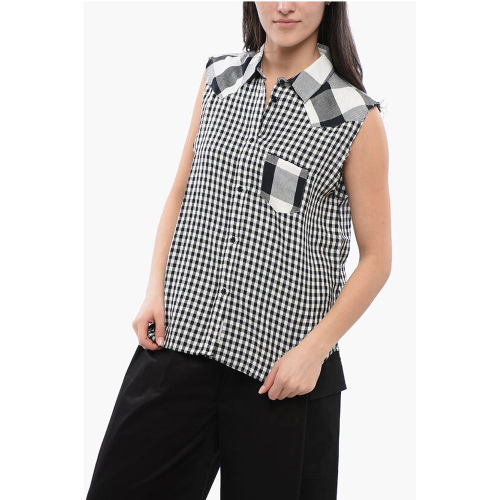 Sleeveless Linen Blend Shirt with Gingham Pattern