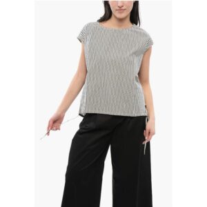 Awning Striped Cotton Blouse with Drawstringed Hem