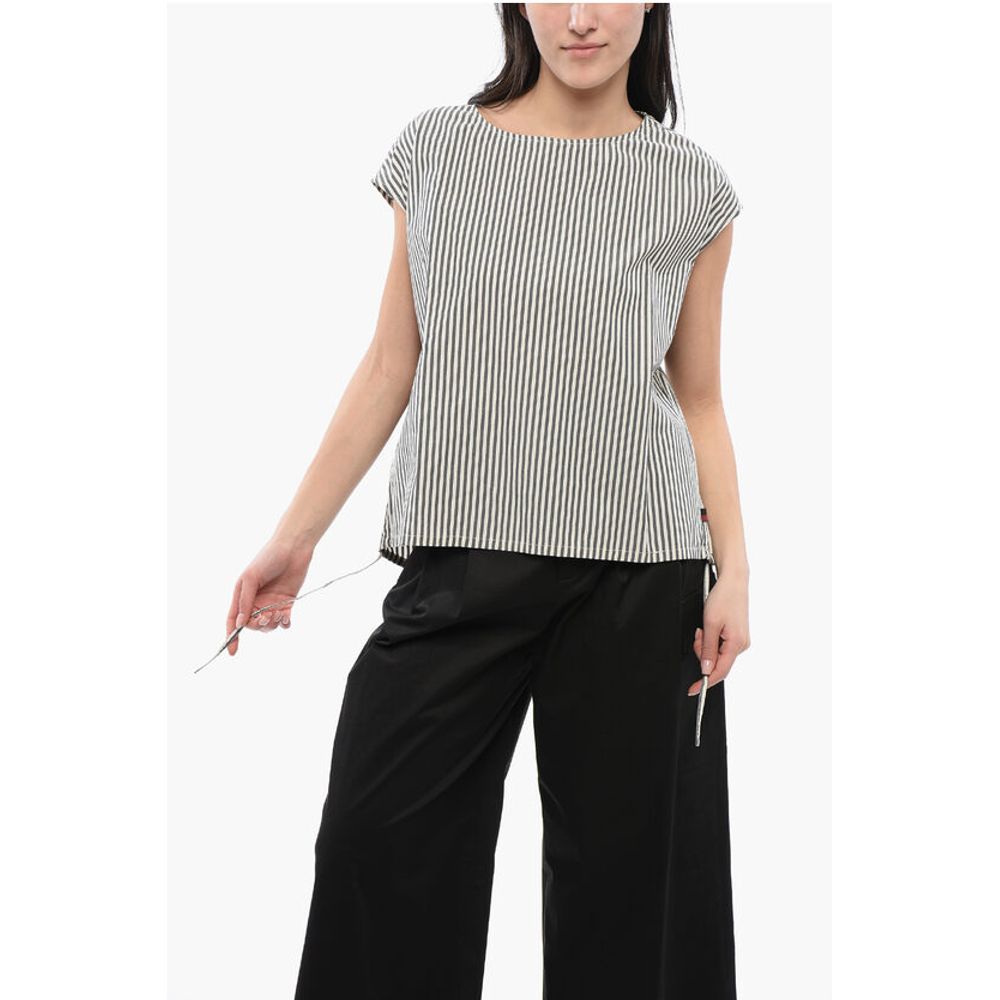 Awning Striped Cotton Blouse with Drawstringed Hem