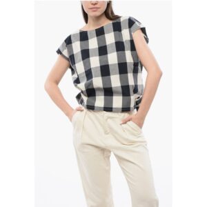 Gingham Cotton Sleeveless Blouse with Drawstringed Bottom