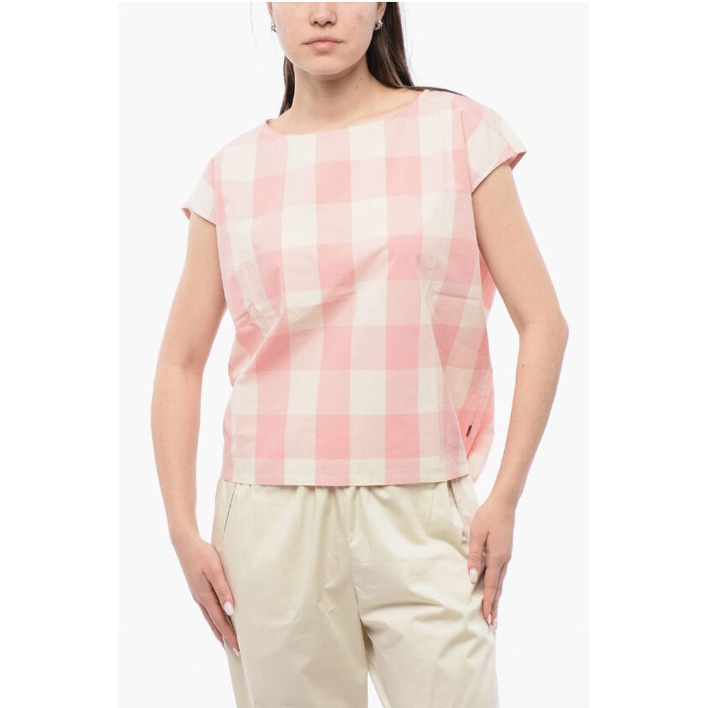 Gingham Cotton Sleeveless Blouse with Drawstringed Bottom